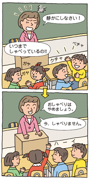 先生「静かにしなさい」「いつまでしゃべってるの!」
⇒
先生「おしゃべりはやめましょう」「今、しゃべりません」
