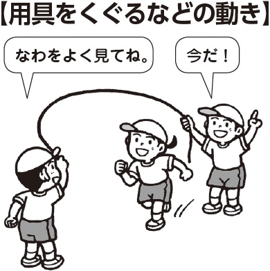 用具をくぐるなどの動き
子ども「なわをよく見てね」「今だ」