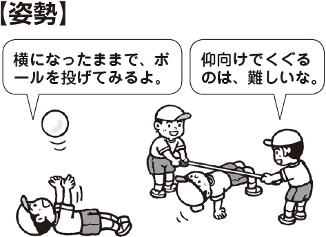 姿勢
子ども「横になったままで、ボールを投げてみよう」「仰向けでくぐるのは、難しいな」