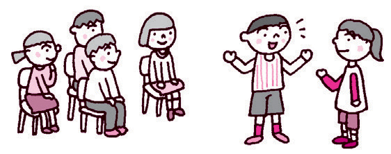 グループになり、二人一組で質問と答える人をやり、他の人は感想を話し合う