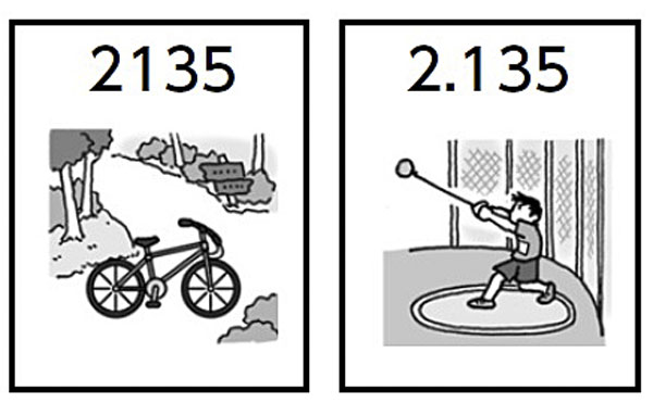 ２１３５と自転車、２．１３５と砲丸投げがそれぞれ描かれた2枚の紙