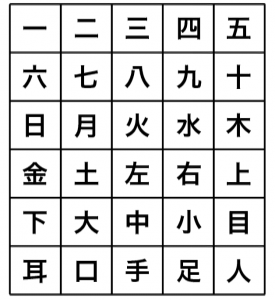 一年生で習う漢字がマス目に書かれているカード。
