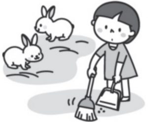 ウサギ小屋の掃除をする子供