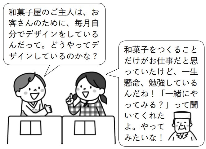 子供1「和菓子屋のご主人は、お客さんのために、毎月自分でデザインをしているんだって。どうやってデザインしているのかな?】和菓子をつくることだけがお仕事だと思っていたけど、一生懸命、勉強しているんだね!『一緒にやってみる?』って聞いてくれたよ。やってみたいな!」