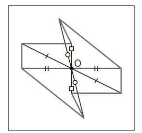 対応する２つの点を結ぶ直線が対称の中心を通ることと、対称の中心から対応する２つの点までの長さが等しいことを使ってかいた。