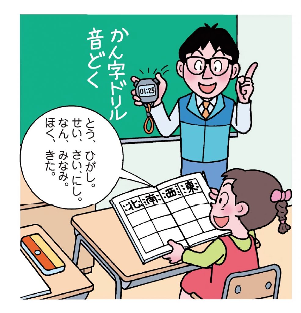 漢字ドリル音読に取り組む子供と、タイムを計測する教師。