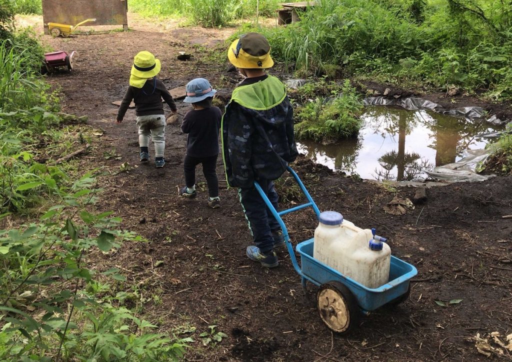 自分たちのあそび場へ水を運びたいが重くて運べない幼稚園児。二年生の男児が、台車で運んで手助けしている。