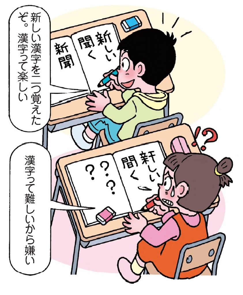 漢字学習に意欲的に取り組む楽子と、漢字を難しいと感じている子。