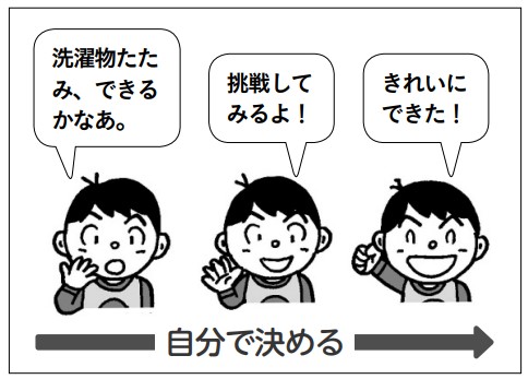 子供「洗濯ものたたみできるかな」「挑戦してみるよ!」「きれいにできた!」