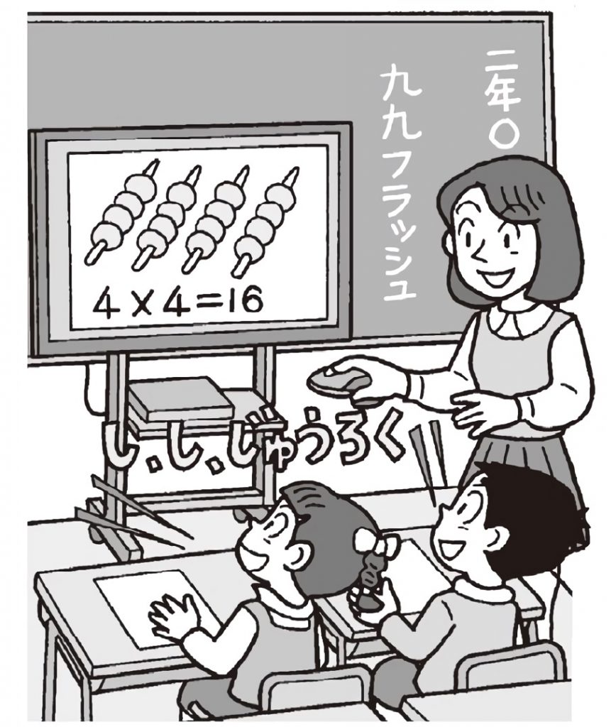 モニターに映し出されるかけ算九九フラッシュの答えをみんなで斉読する子供たち。