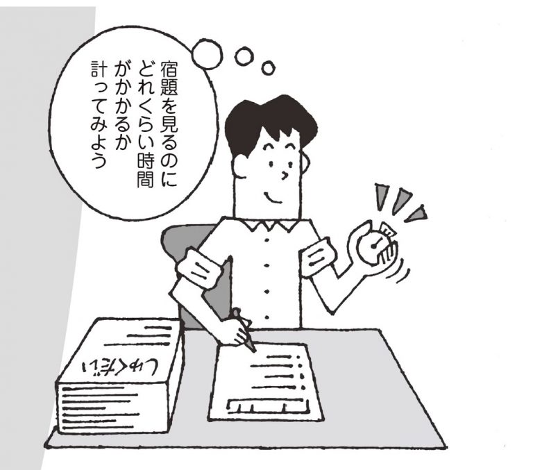 宿題の採点にどれくらい時間がかかるのかを把握するため、ストップウォッチを使って計る教師。