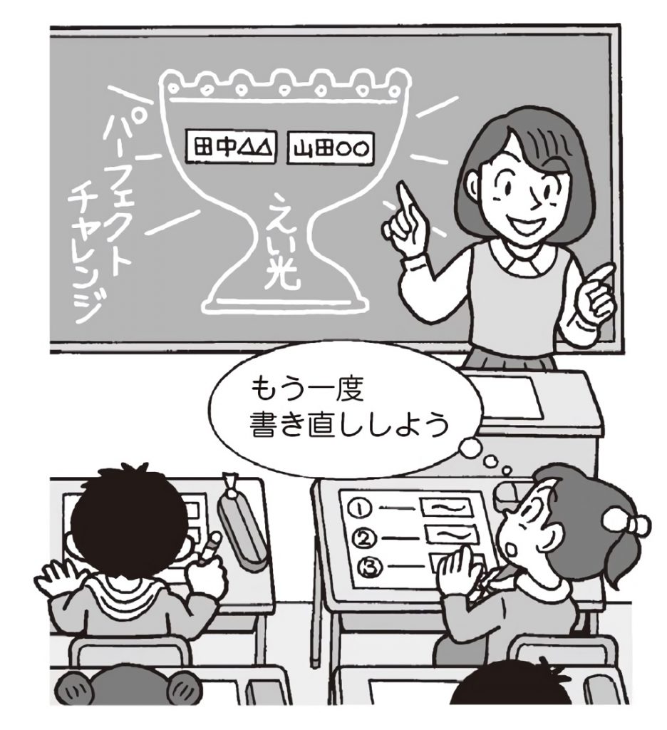 黒板のトロフィーの絵に、テストで満点の子のネームプレートを貼ってくれる教師。