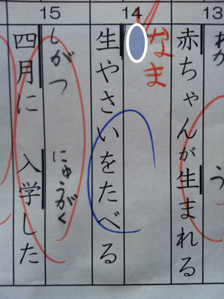 ある一年生の漢字テストでの誤答例