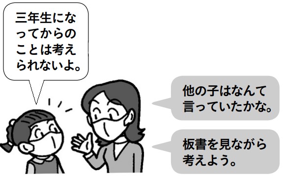 子供「三年生になってからのことは考えられないよ」先生「他の子はなんて言っていたかな。板書を見ながら考えよう」