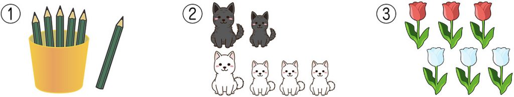 ①鉛筆立てに鉛筆５本、外に１本
②黒い猫２匹、白い猫４匹
③赤いチューリップ３本、白いチューリップ３本