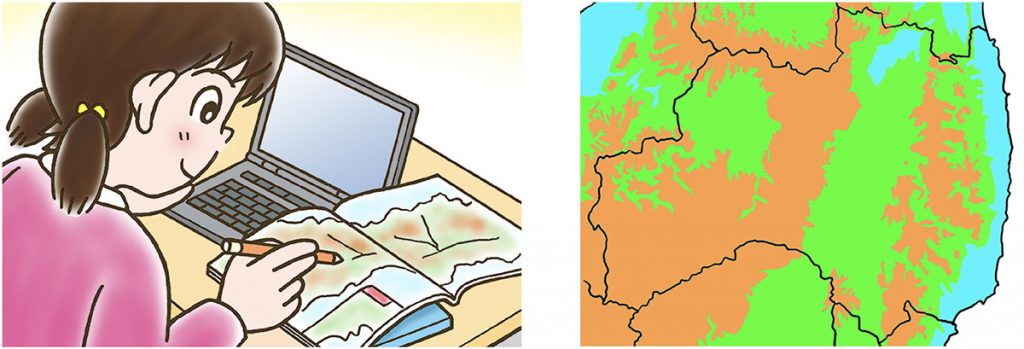 （左）地図を根拠に考える様子　（右）自分で作る色別標高図