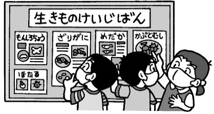 生き物掲示板を見る子供達