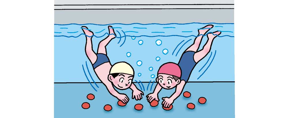 小3体育「水泳運動（浮いて進む運動、もぐる・浮く運動）」指導アイデア　イラスト