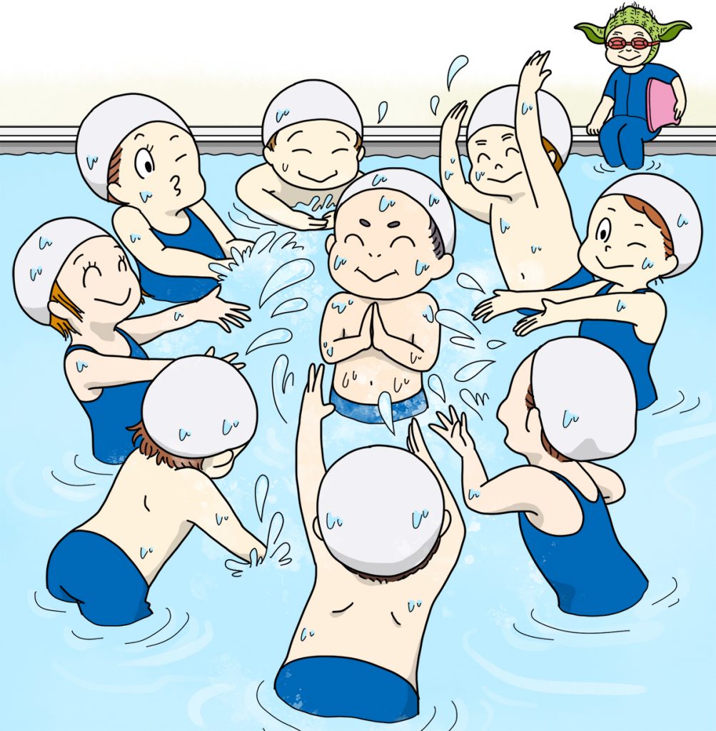 プールで水かけをする子供たちを見守る山田先生
