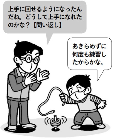 教師「上手に回せるようになったんだね。どうして上手になれたのかな?【問い返し】子供「あきらめずに何度も練習したからかな。」