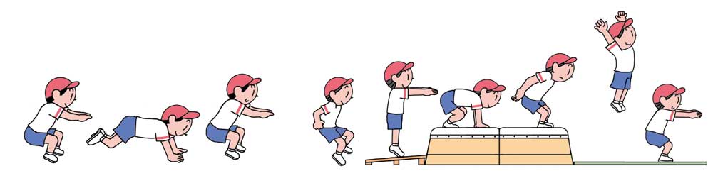 小2体育「器械・器具を使っての運動遊び（跳び箱を使った運動遊び）」指導アイデア　イラスト
