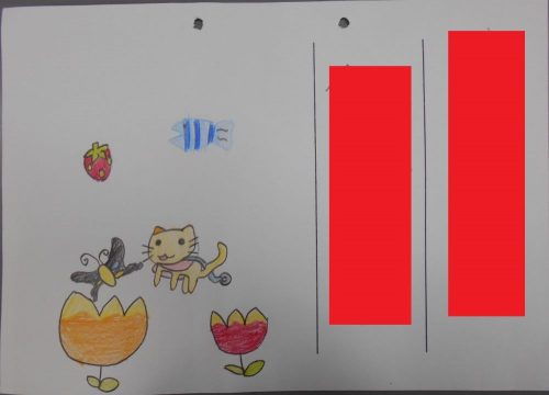 渡辺学級のある女児が実際に作成した自己紹介カード。右側に名前を書き、左に好きなものの絵を描いた。