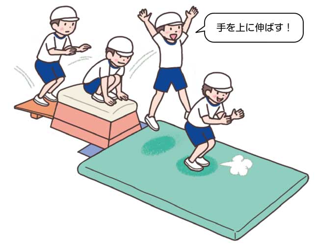 小1体育「器械・器具を使っての運動遊び（跳び箱を使った運動遊び）」指導アイデア　イラスト