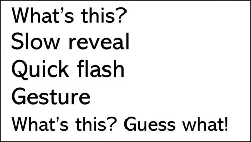 教科（単語）の復習（５パターン）
1．What’s this?
2．Slow reveal
3．Quick flash
4．Gesture
5．What’s this? Guess what!