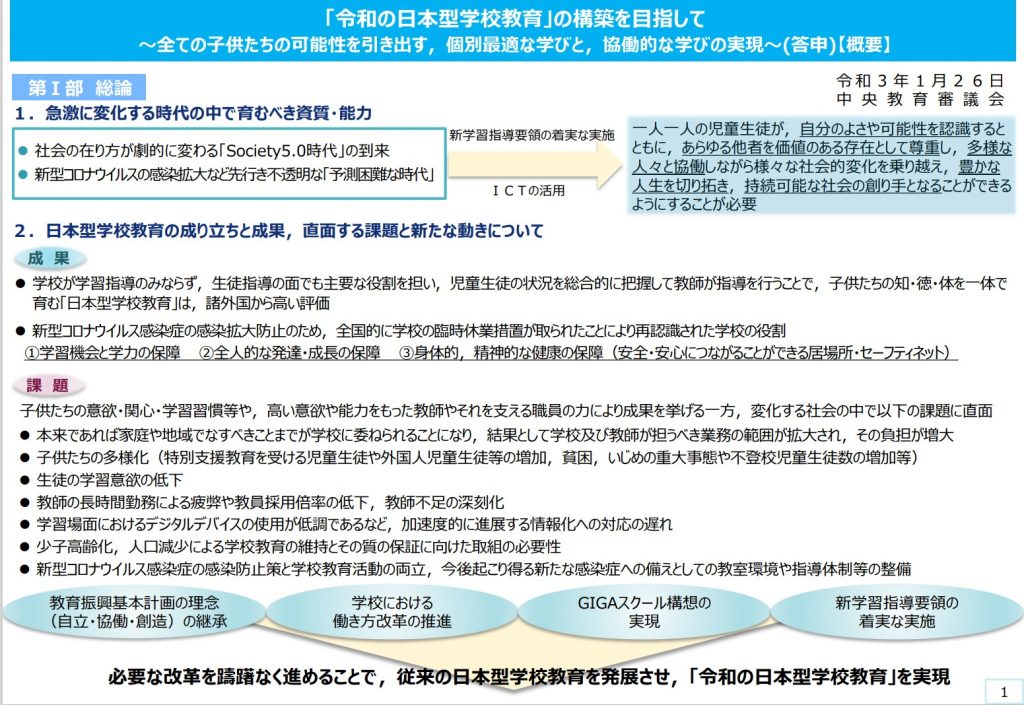 文部科学省答申「『令和の日本型学校教育』の構築を目指して」の概要