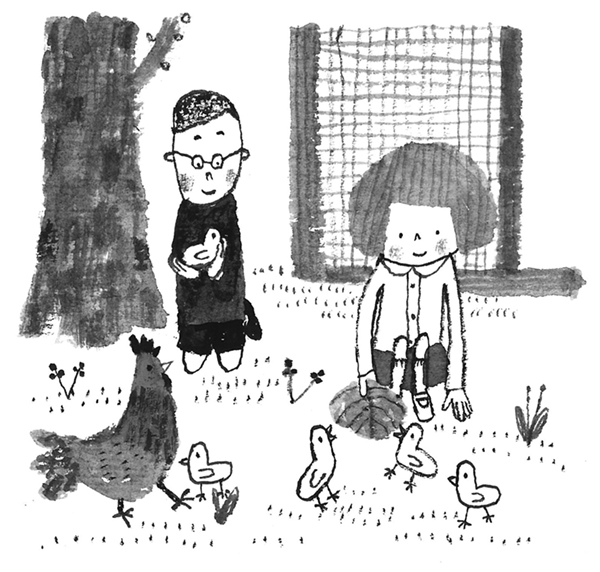 挿絵。鶏の世話をする子供たち