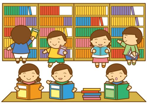 学校の図書室で本を読む子供たち