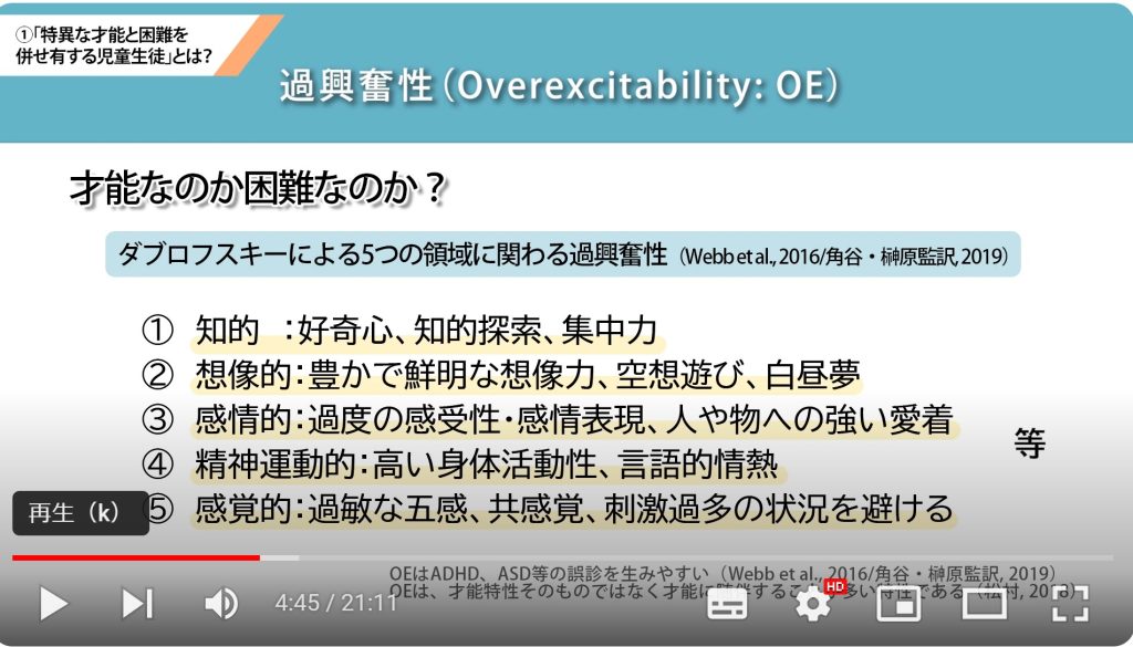 研修動画より。ダブロフスキーによる、５つの領域に関わる「過興奮性」のリスト