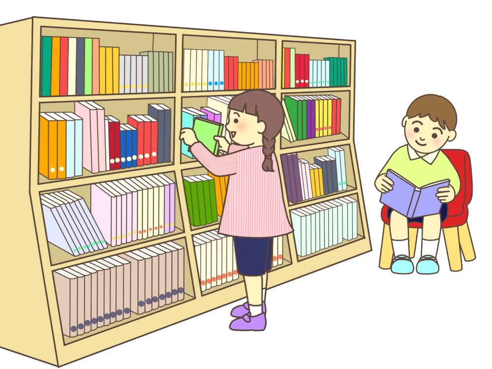 図書室で本を選んだり、本を読んだりする子供たち