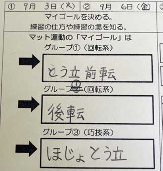 B器械運動（マット運動）、目指せ マイゴール！〜マットランド編〜　自己の能力に適した課題（マイゴール）の課題の例