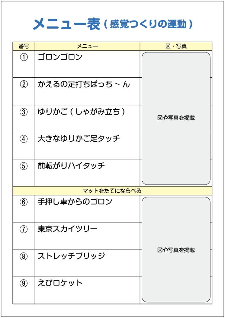 小４「B器械運動（マット運動）」「目指せ マイゴール！〜マットランド編〜」　メニュー表（感覚つくりの運動）