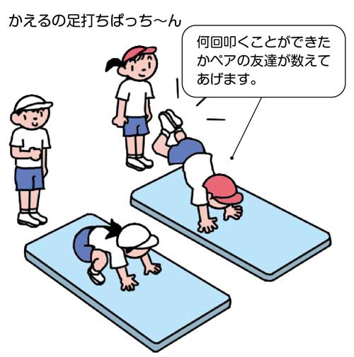 B器械運動（マット運動）、目指せ マイゴール！〜マットランド編〜　かえるの足打ちぱっち〜ん　の感覚つくり