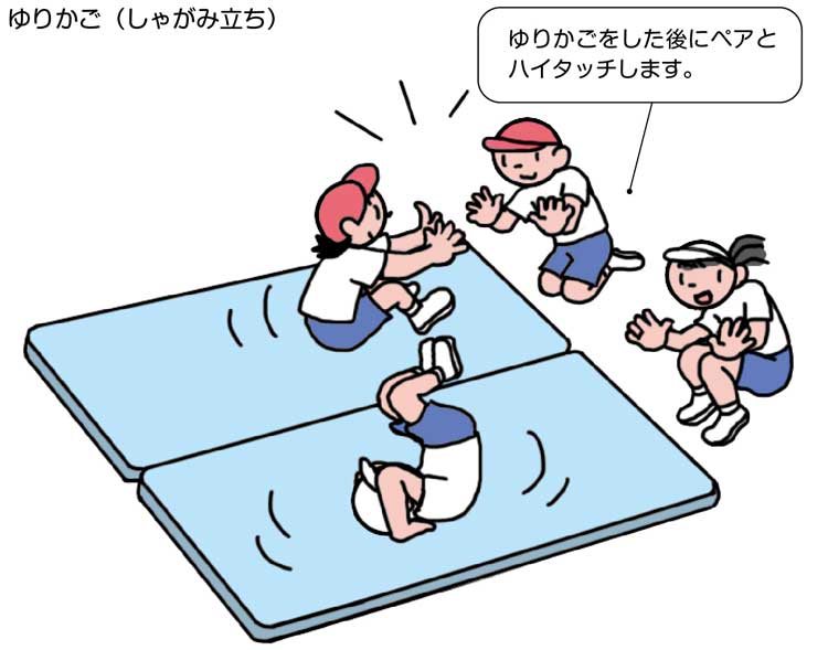 B器械運動（マット運動）、目指せ マイゴール！〜マットランド編〜ゆりかご（しゃがみたち）する子供たちの様子