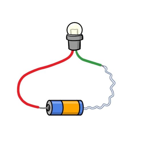 豆電球、乾電池、導線つきソケットを糸で延長したもののイラスト