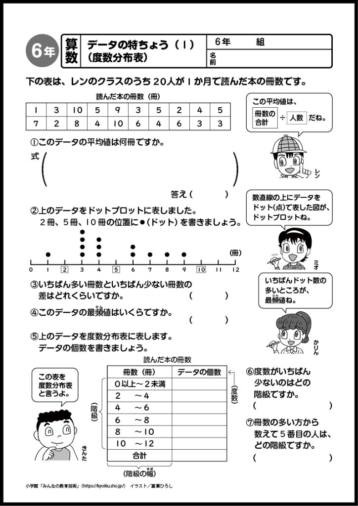 小６　算数　おもしろパズルプリント　データの特ちょう（１）（度数分布表）