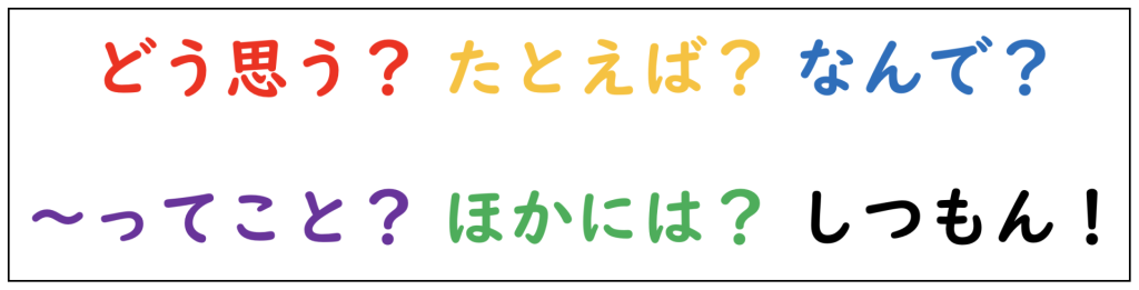 「引き出し言葉」６種類：どう思う？　たとえば？　なんで？　～ってこと？　ほかには？　しつもん！