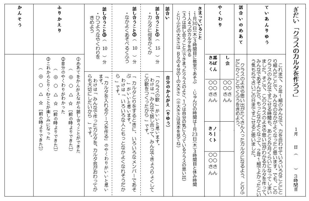 「クラスのカルタを作ろう」学級会ノート