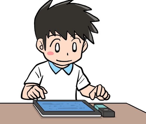 MESHを扱いながら端末でプログラミングを行う子どものイラスト