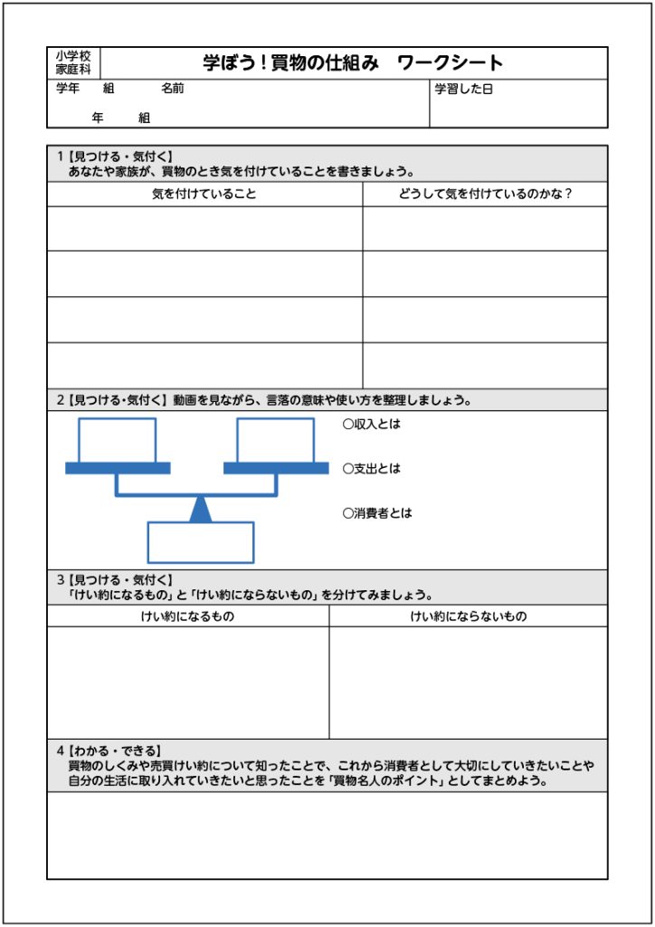 小５家庭科「自立した消費者をめざしてPart１～学ぼう！買物のしくみ～」１～３時間目で使用するワークシート　学ぼう！買物の仕組み