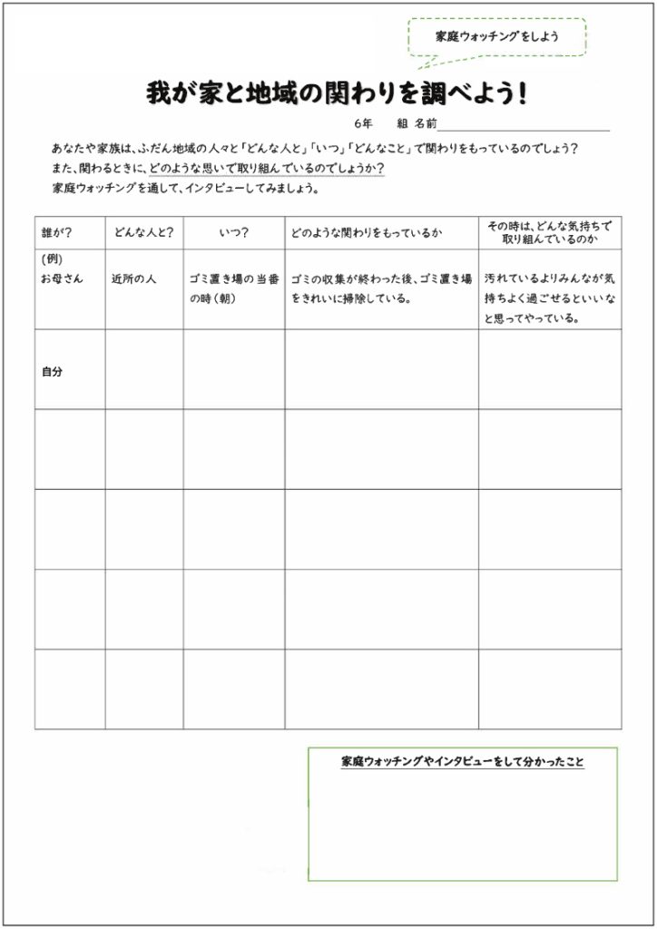 小６家庭科 「私たちにできること～地域の人々と関わろう～」　家庭学習カード