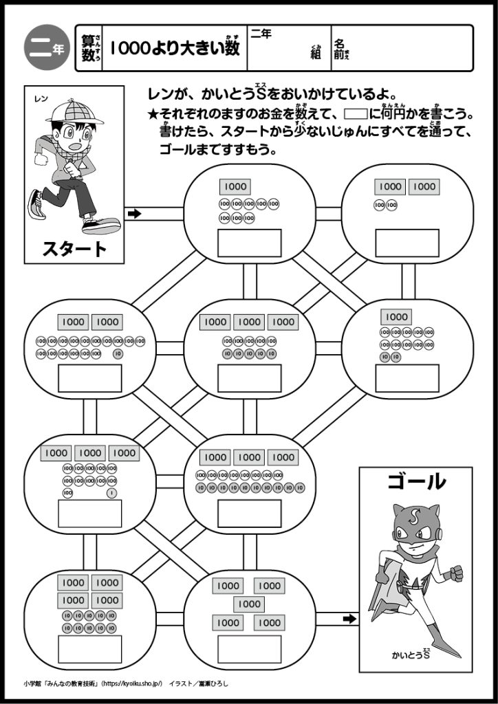 小２算数　おもしろパズルプリント　1000より大きい数