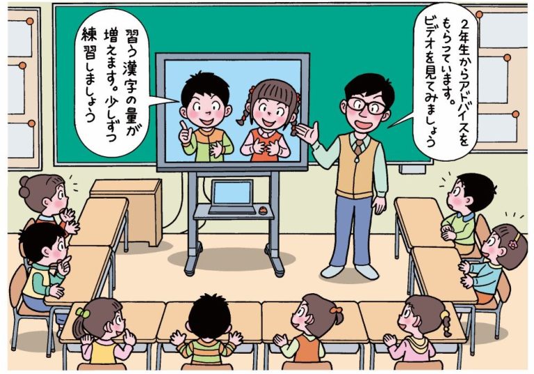 ２年生のビデオメッセージを見ながら、どんな２年生になりたいかを考える１年生の子供たち