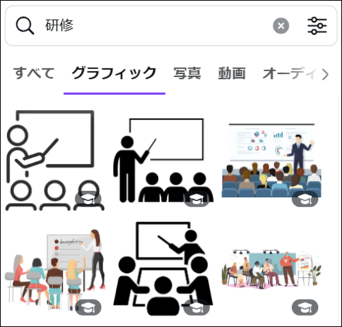 Canvaの素材検索で『研修』と打ち込んで出てくる上位６つの画像