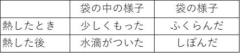 水を沸騰させて袋に泡を集める実験の結果を示した表