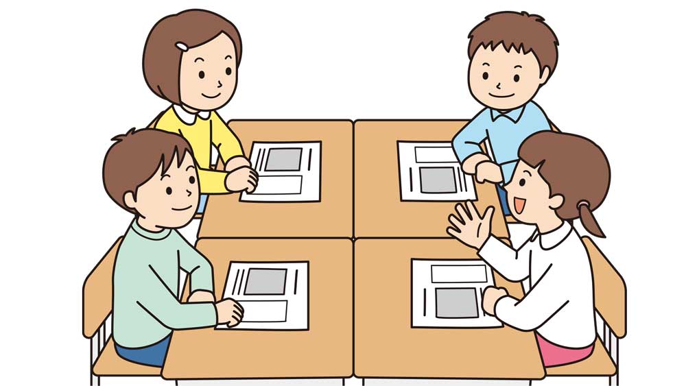 学級に支持的風土をつくる「関連発言」の指導法【主体的に生きる力を育む学級経営の極意⑩】 グループの話合い活動で、発言する子の話に笑顔で耳を傾ける子供たちの様子