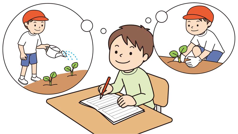 ねらいを明確にし確かな学びへとつなげる「体験活動」の指導【主体的に生きる力を育む学級経営の極意⑪】　体験活動の様子を思い出しながら作文を書いている子供の様子
